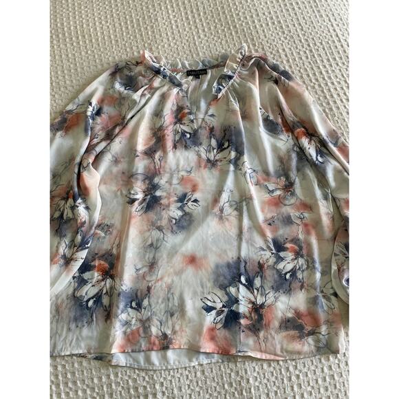 Bua Bua Floral Print V Neck Ruffle Long Sleeve Sheer Blouse Top Plus Size XXL - Picture 3 of 8